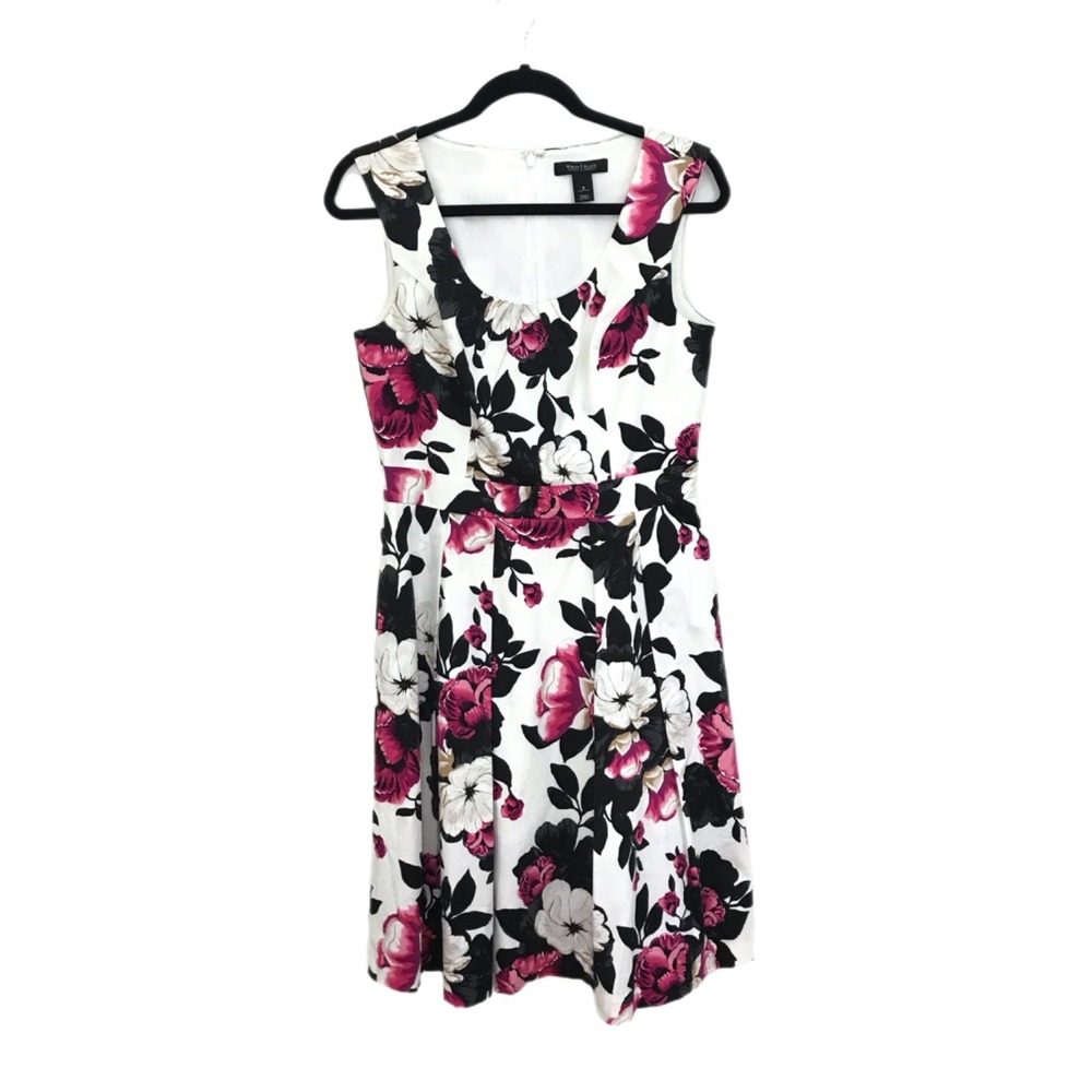 White House Black Market Dress Size 8 Floral Fit Flare Cotton Pink Purple WHBM